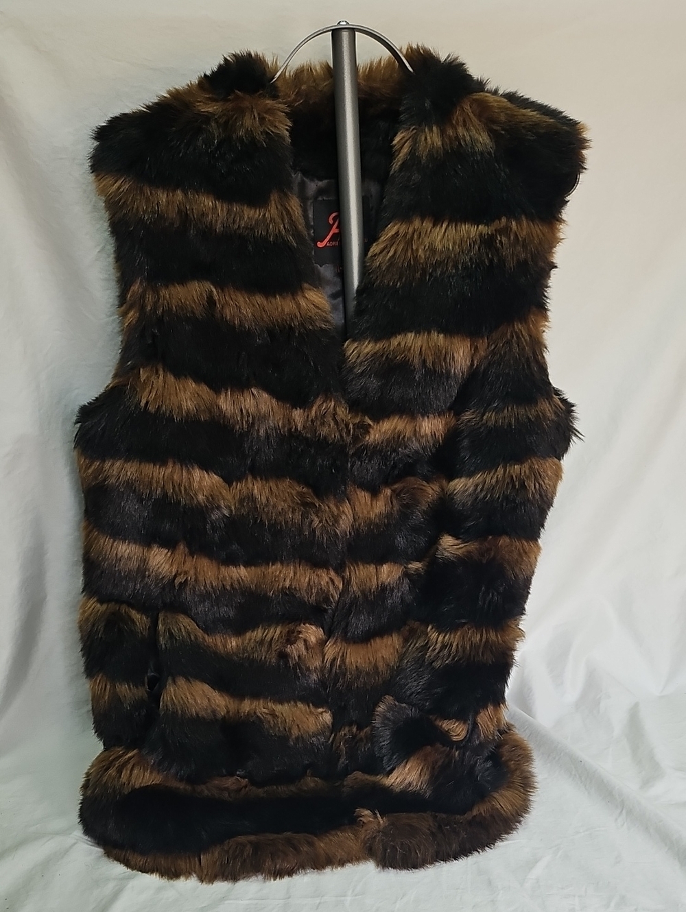 Adrienne Landau Striped Faux Fur Vest in Black and Brown Medium